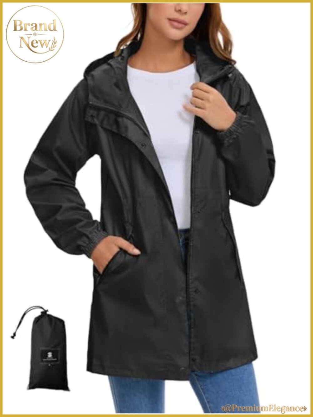 Women's Packable Waterproof Long Rain Jacket Hooded Lightweight Trench